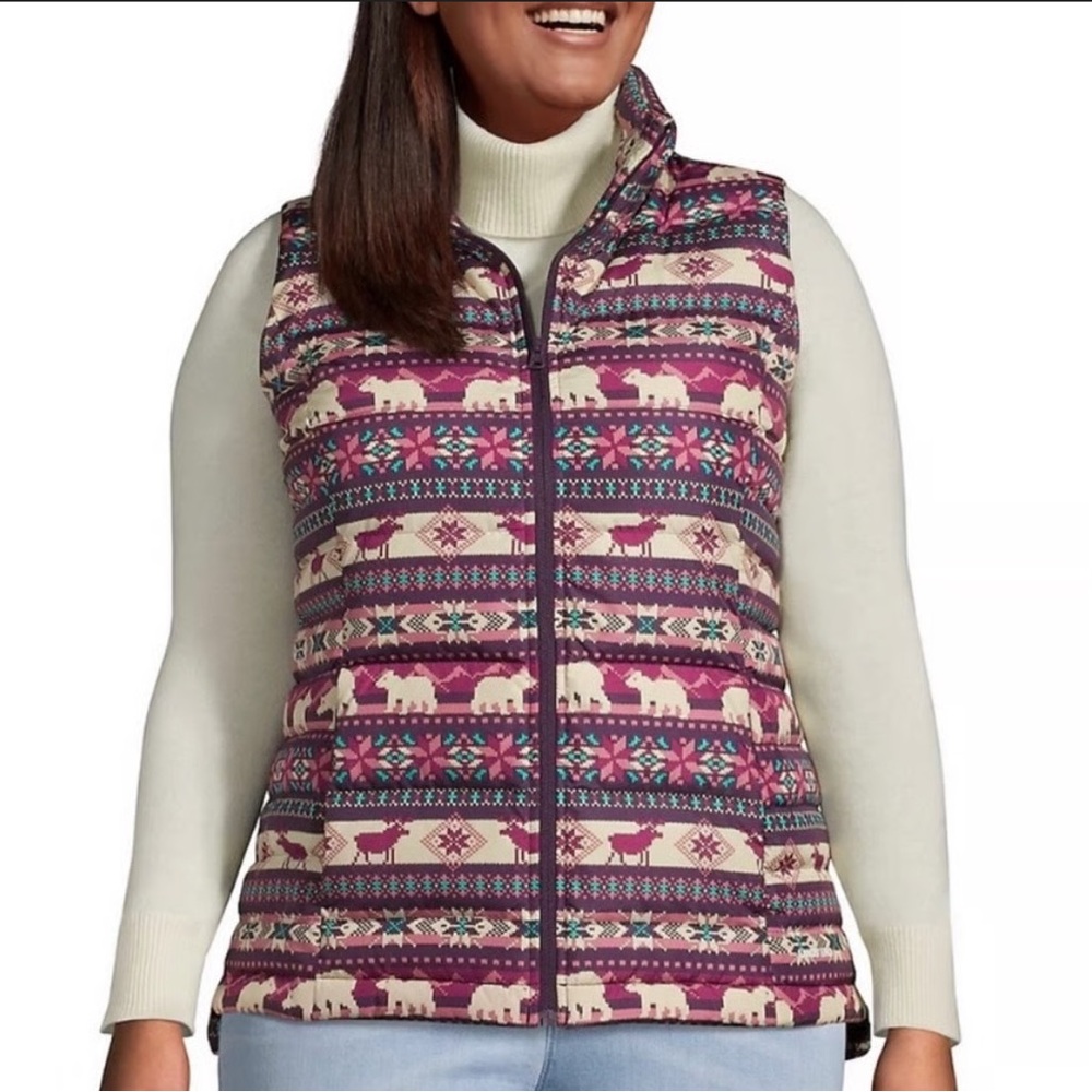 Lands' End Quilted Polar Bear‎ Print Puffer Vest Burgundy Multi Colored Size Sm